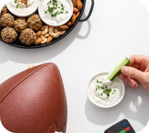 Healthy game day hosting kit, veggies and yogurt dip