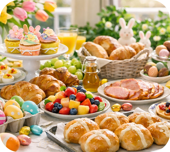 Easter brunch spread, hot cross buns and pastries